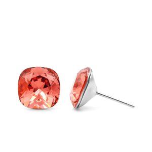 10mm Coral Swarovski Studs | Coral Cushion Cut Crystal Earrings | Hypoallergenic